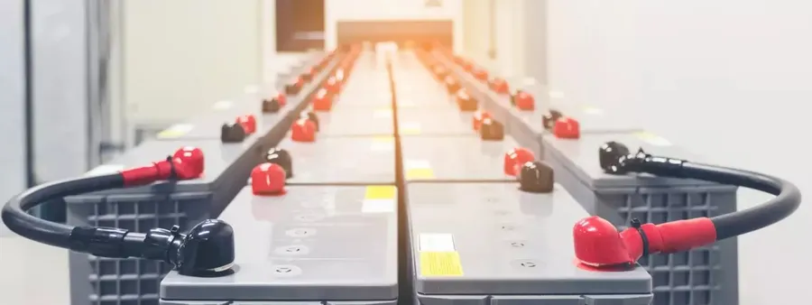 Banco de baterías de plomo ácido con conexiones rojas en una sala de energía