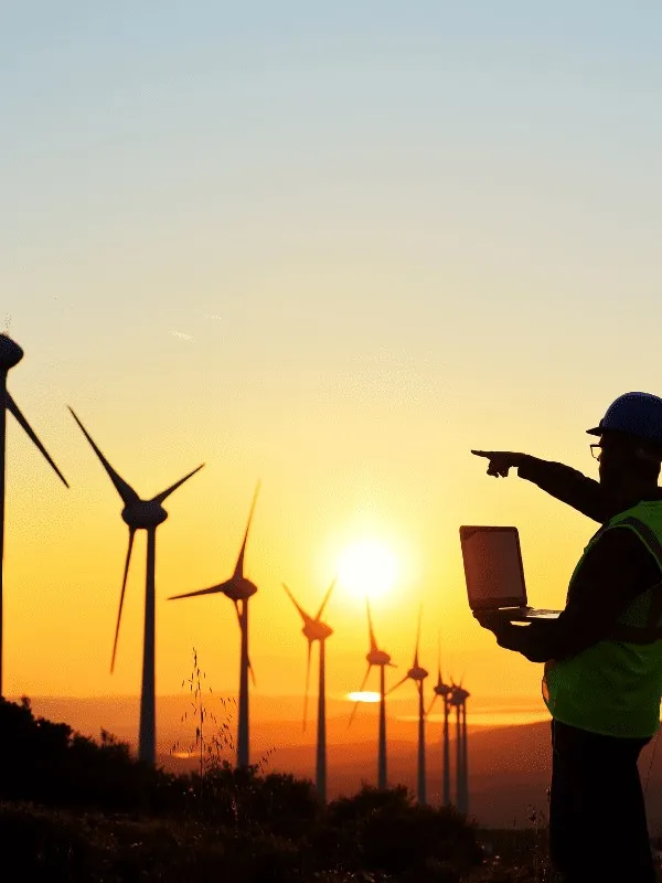 Ingeniero frente a un parque eólico al atardecer